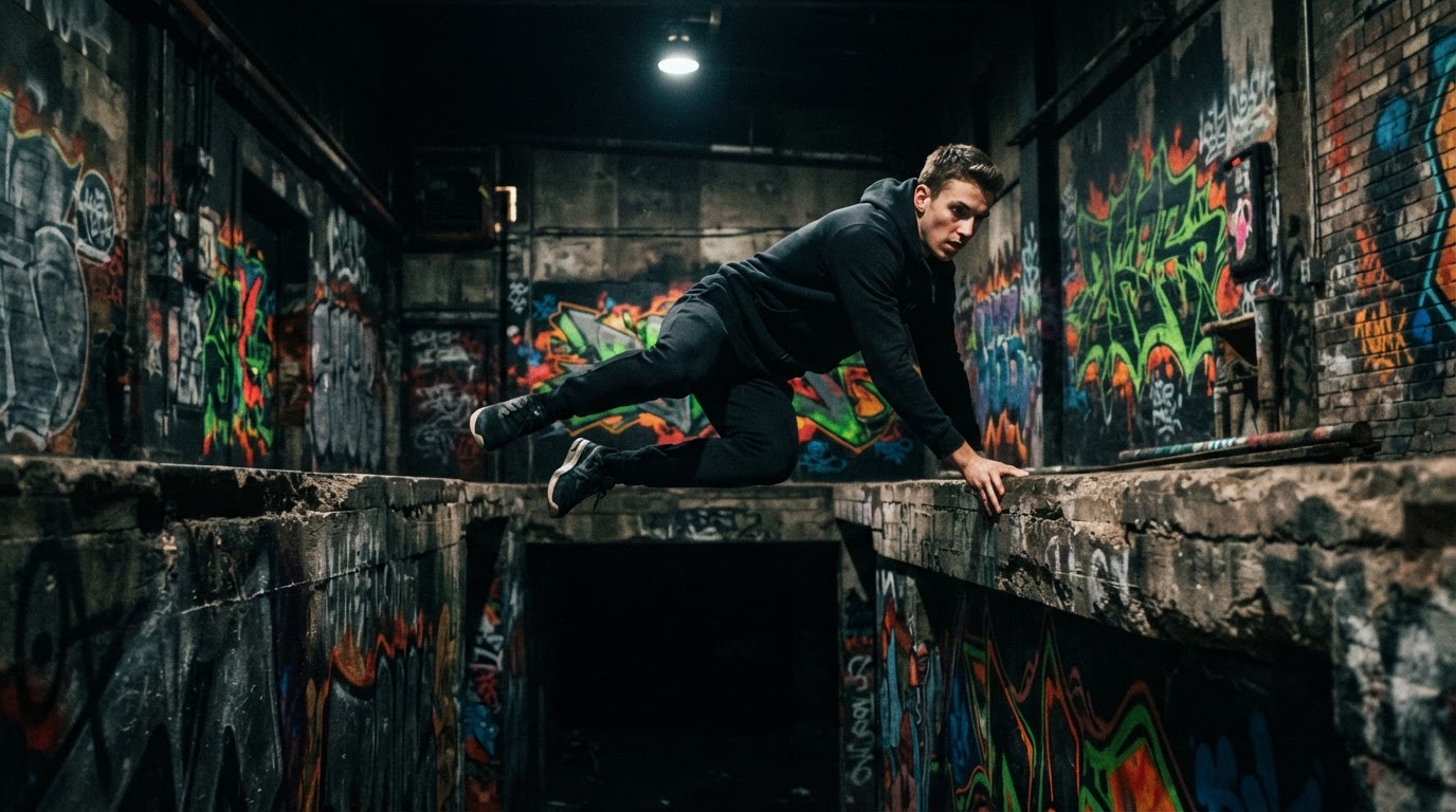 Traceur mid-cat-leap in a graffiti-covered industrial warehouse